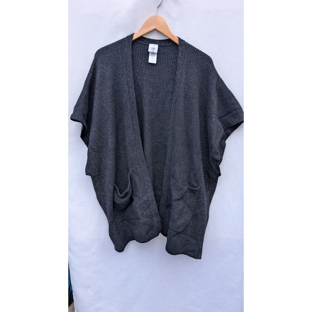 CAbi Womens Luxury open front Cardigan Sweater XS/S Black Ribbed Silver 4064